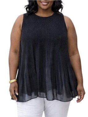 Time And Tru Plus Size XL (16-18) Top Pleated Sleeveless Back Tie Neck Black